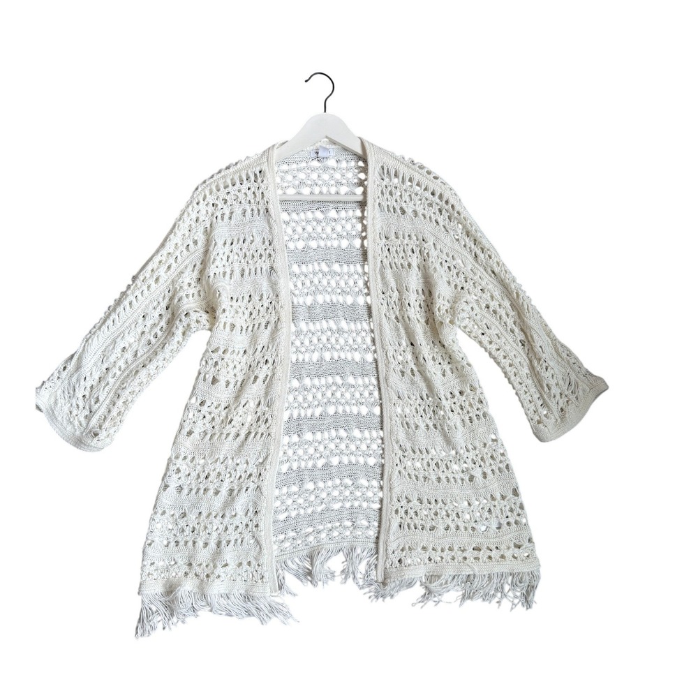 Westport Womens Cream Crochet Knitβ Fringe Open Front Cardigan Sweater Size M